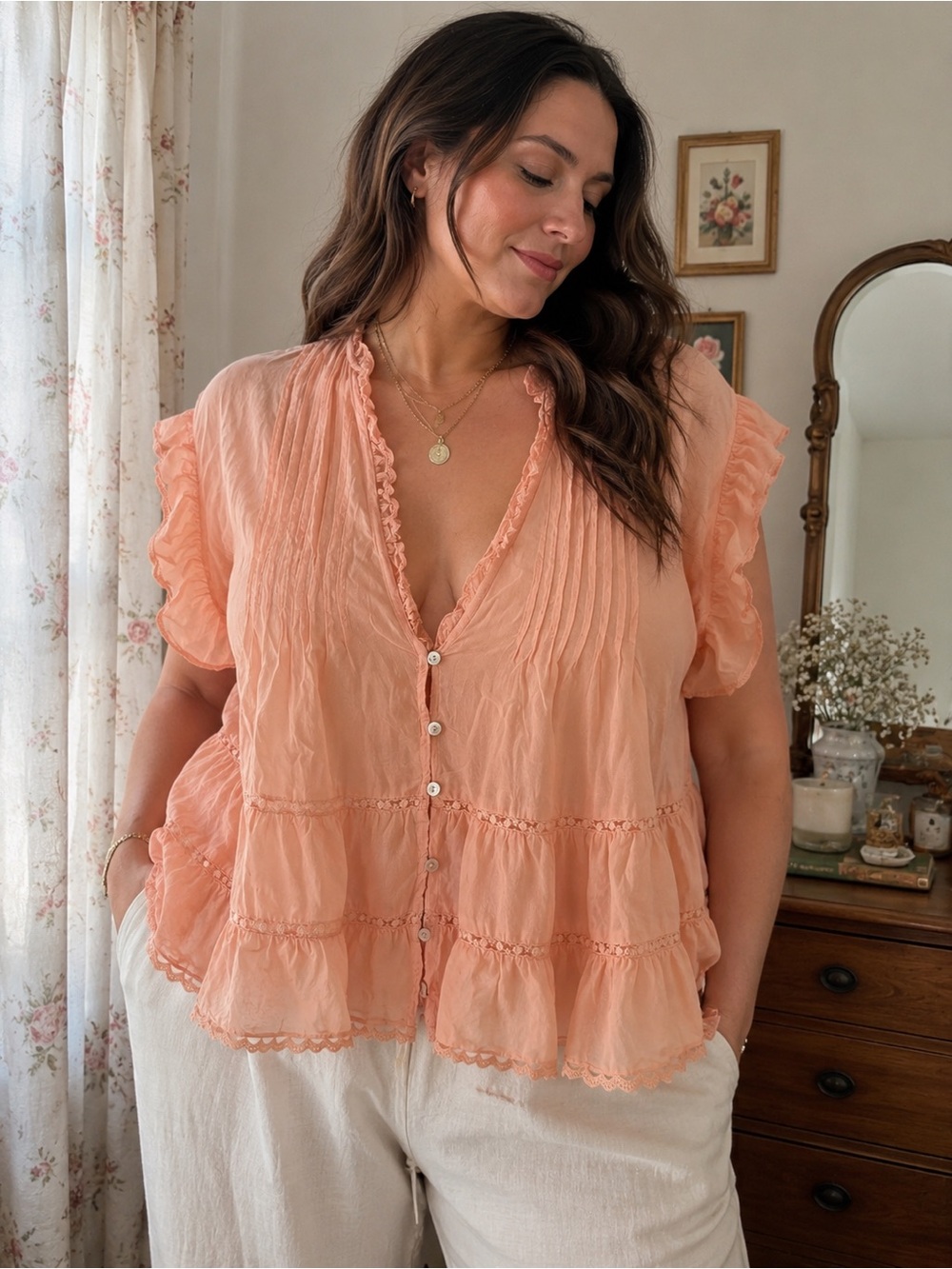 H&M Peach Ruffle Lace Button Blouse XL Romantic Boho Cottagecore Fairy Flowy